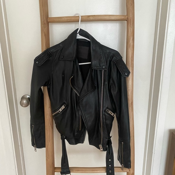 ALLSAINTS Balfern Belted Hem Leather Biker Jacket US 2 - Picture 3 of 5